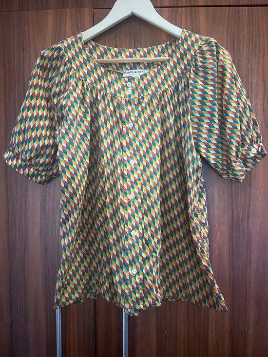 Saint Laurent Tops - 70’s Saint Laurent Multicolor Harlequin Print Button Front Blouse